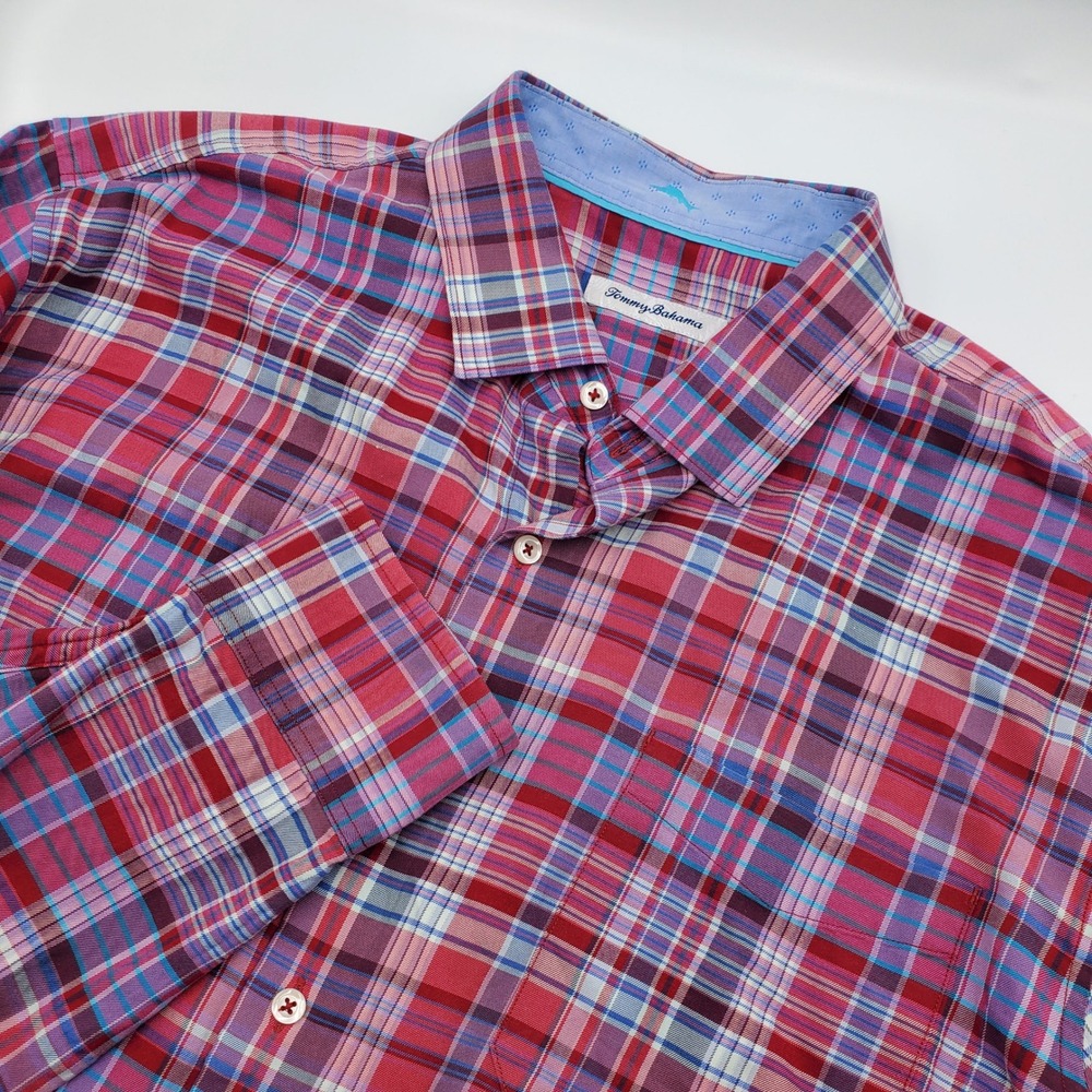 Tommy Bahama Mens XL Red Blue Plaid Cotton Silk Blend Long Sleeve Button Down